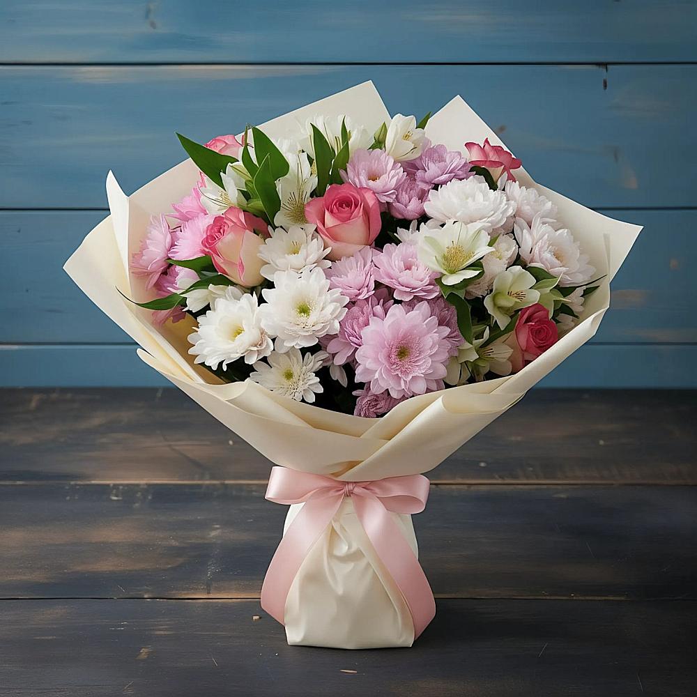 Букет цветов из: Хризантемы, Альстромерии и Розы в Кемерово